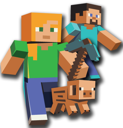 Minecraft characters Alex and Steve with a pig